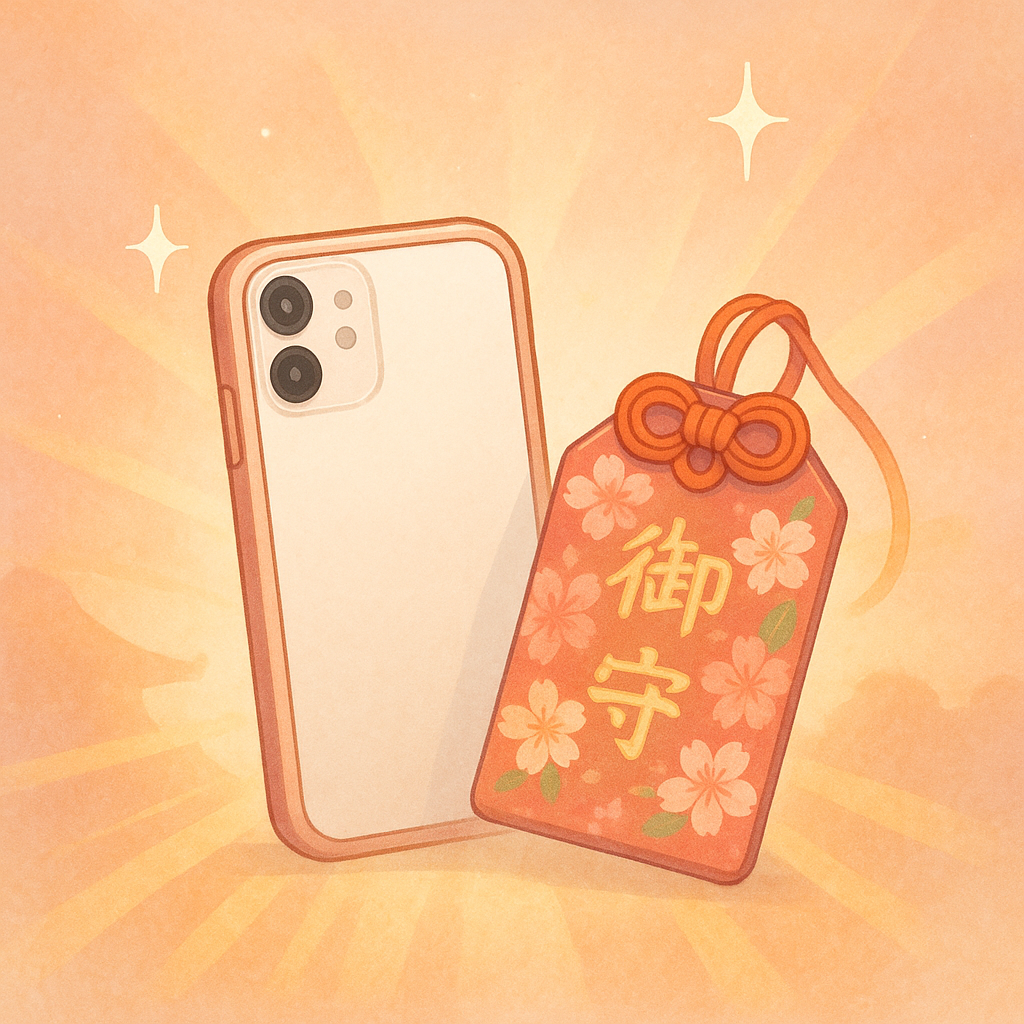 スマホと桜模様の御守りが並ぶイラスト。神社を連想させる背景で、お守りスマホケースの効果や幸運アップを象徴したデザイン。