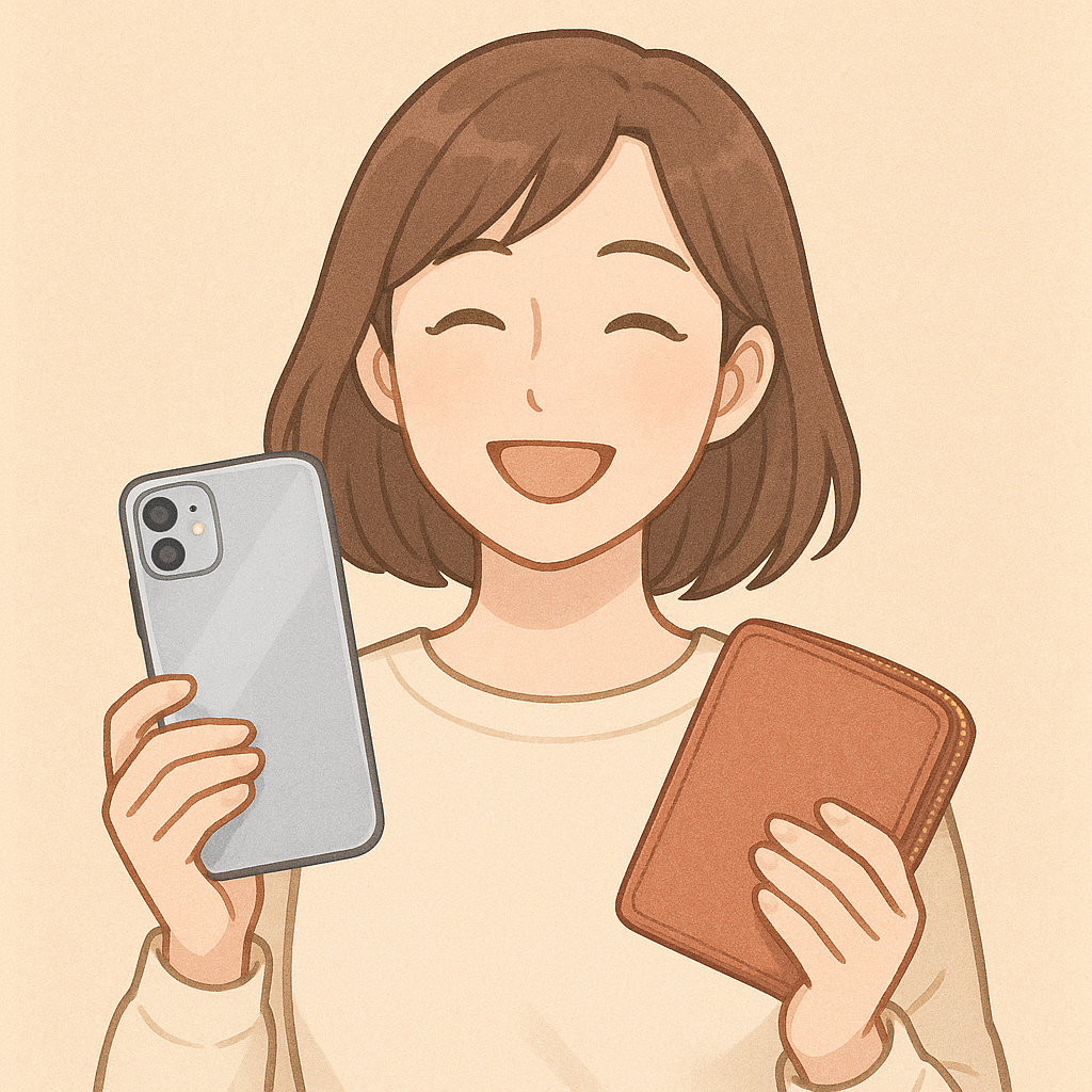 スマートフォンと財布を手に笑顔を見せる女性のイラスト。お守りスマホケースや金運アップの効果を象徴するポジティブなイメージ。