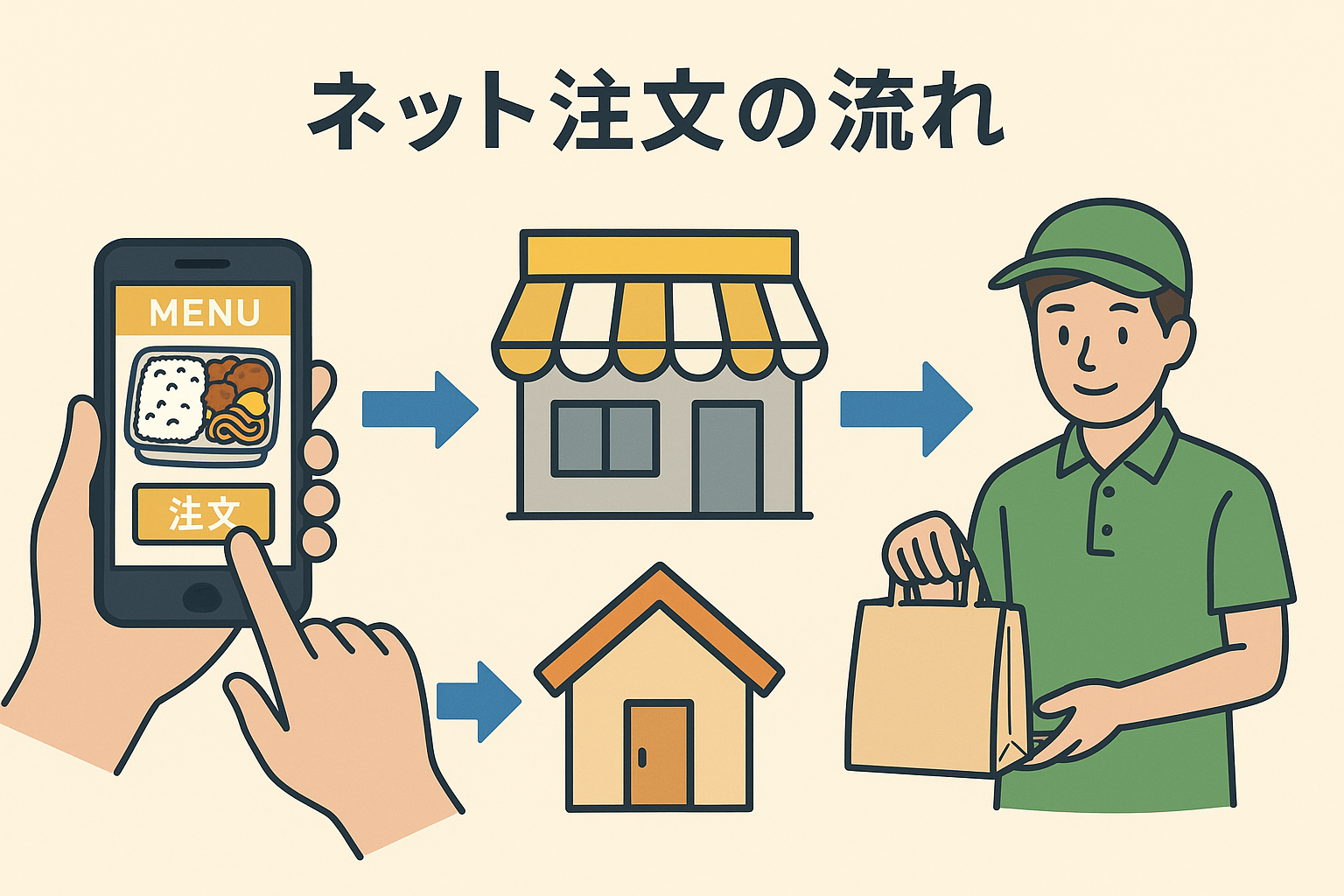 ジョイフルのネット注文の流れを解説するイラスト。スマートフォンで弁当を注文し、店舗で準備、配達員が受け取り、家庭へ届けられる4ステップをわかりやすく表現した図解