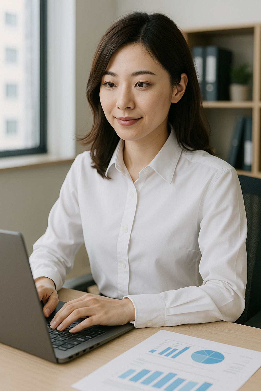 白いワイシャツを着た日本人女性が明るいオフィスでノートパソコンを操作しながら仕事をしている様子。デスクには業務資料のグラフが広げられており、ビジネスシーンにふさわしい清潔感のある印象。