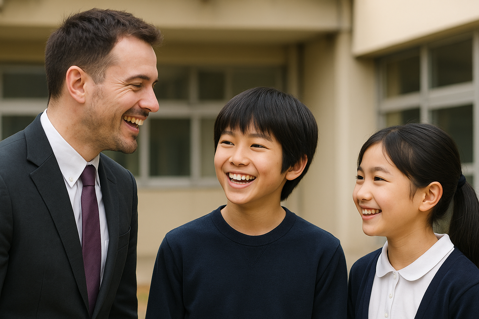 小学校の先生と児童が校舎前で笑顔で会話している卒業シーズンの写真