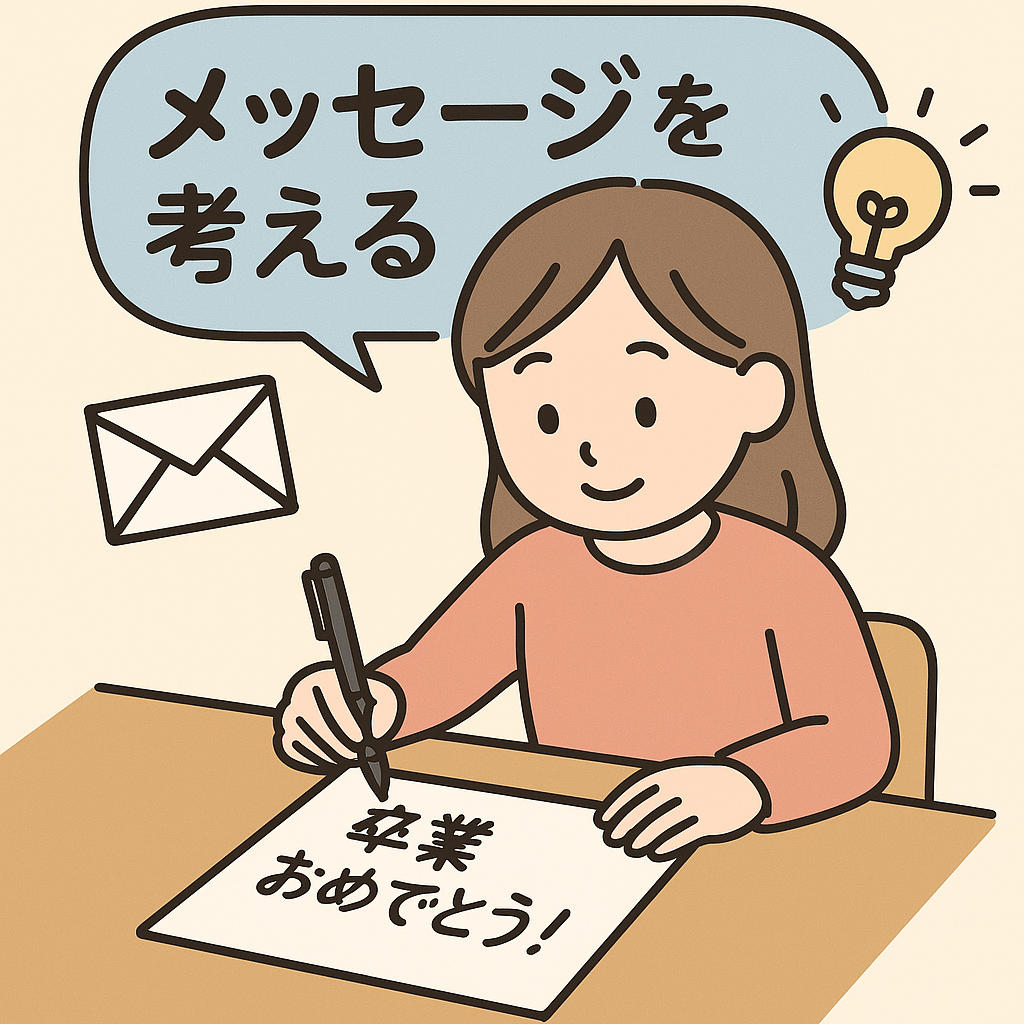 卒業メッセージカードに「卒業おめでとう」と書いている日本人小学生の女の子のイラスト｜入学・卒業シーズンの手書きメッセージを考える場面