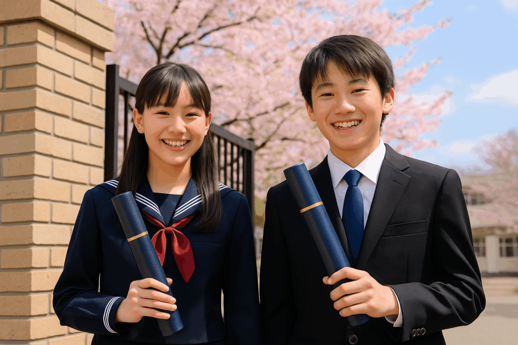 小学校の卒業式で笑顔の日本人男女の児童が卒業証書を手にし、桜の咲く校門前で喜びを分かち合っている様子