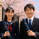 小学校の卒業式で笑顔の日本人男女の児童が卒業証書を手にし、桜の咲く校門前で喜びを分かち合っている様子