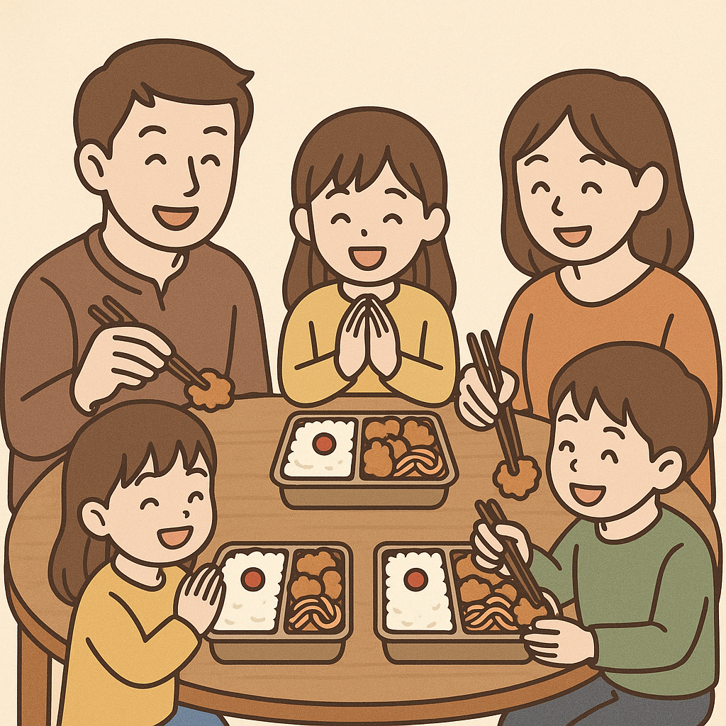 家族4人が丸いテーブルを囲んでジョイフルのテイクアウト弁当を楽しむ様子。白ご飯に梅干し、唐揚げ、ナポリタン、卵焼きが詰まった人気メニューを笑顔で食べるファミリーの温かいイラスト