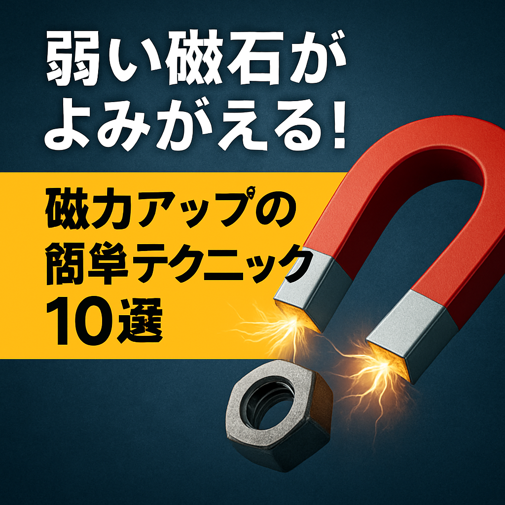 赤いU字型磁石が金属ナットを引き寄せるイラストに、「弱い磁石がよみがえる！磁力アップの簡単テクニック10選」という日本語キャッチコピーが描かれたブログ用アイキャッチ画像