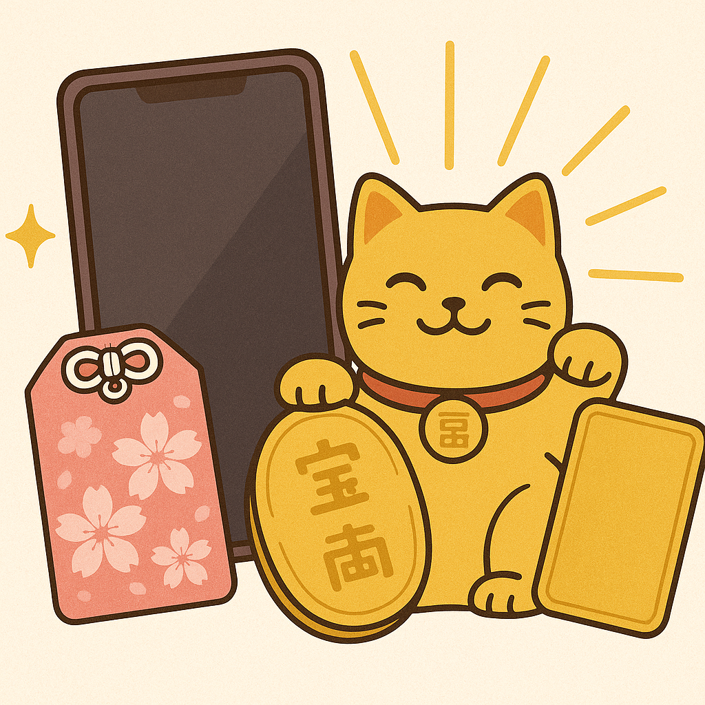 招き猫と小判、金色のお守り、スマートフォンと桜模様の御守りが並ぶ金運アップを象徴するイラスト。開運スマホケースの活用イメージに最適。