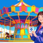 USJエクスプレスパスを持つ女性がカラフルなメリーゴーランド前に立って笑顔を見せる様子。ユニバーサル・スタジオ・ジャパンのチケット購入や待ち時間対策をイメージしたシーン。