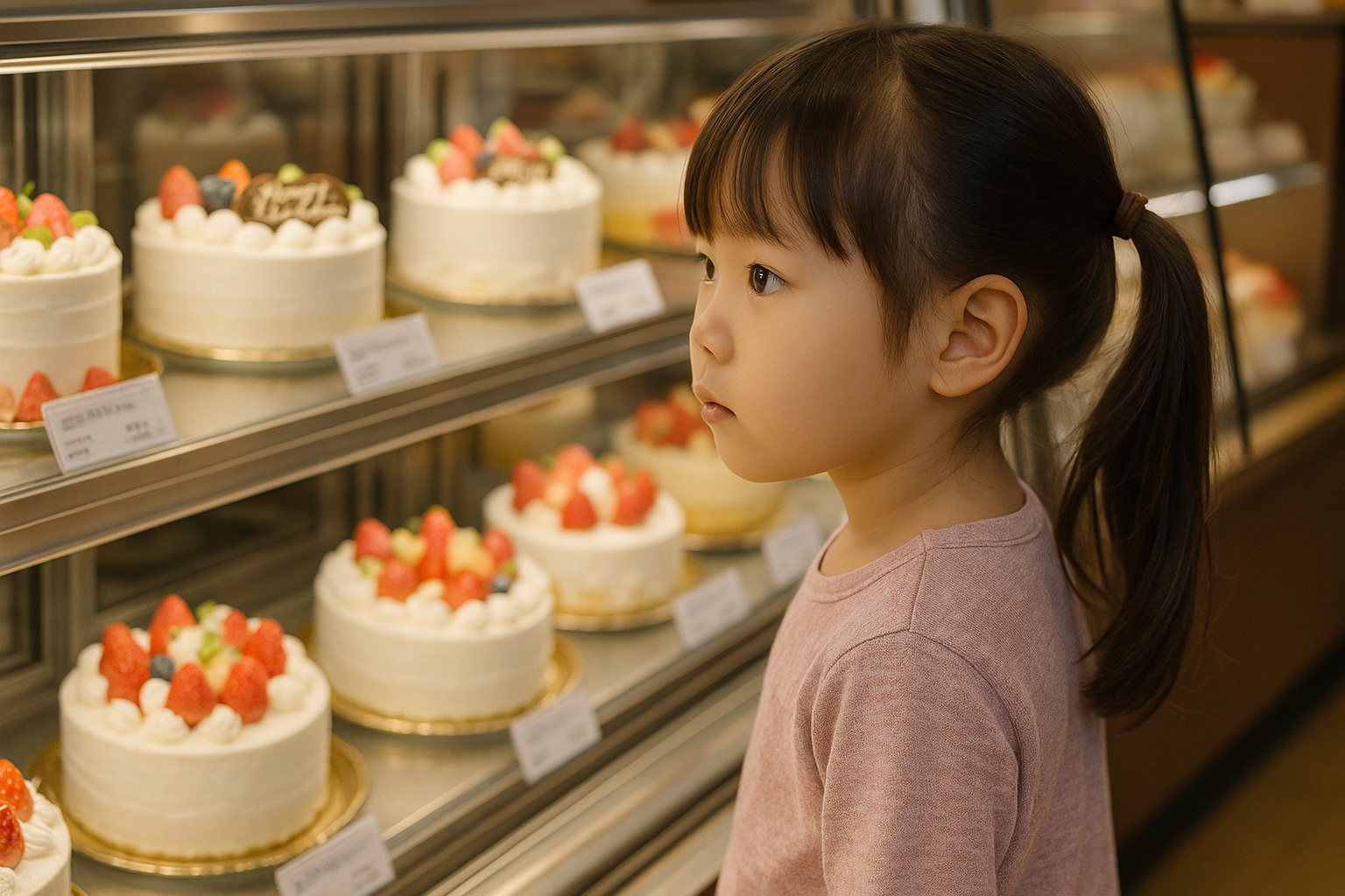 不二家のショーケースに並ぶ誕生日ケーキを真剣な表情で見つめる5歳くらいの日本人女の子。イチゴがのったホールケーキが陳列され、店内の温かい雰囲気が伝わる。