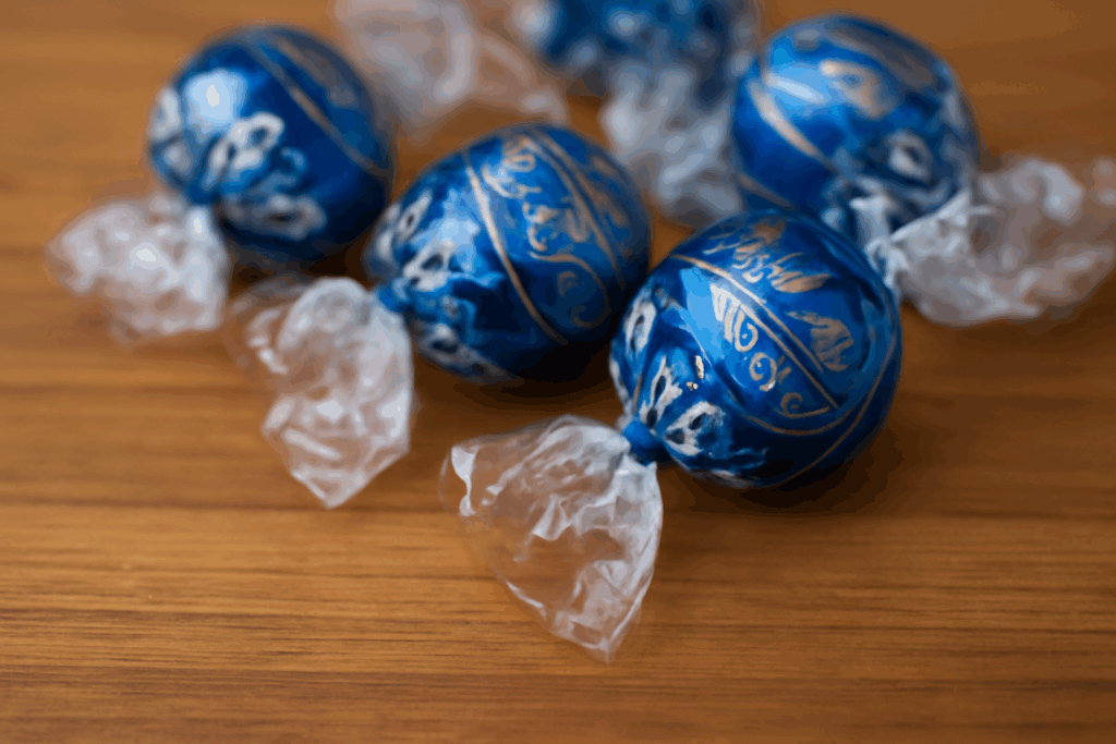 コストコのリンツチョコレートトリュフが木製のテーブルに並んでいる画像。青い金箔包装のリンツリンドールチョコレートが美しく並べられ、背景には柔らかい光が差し込んでいます。