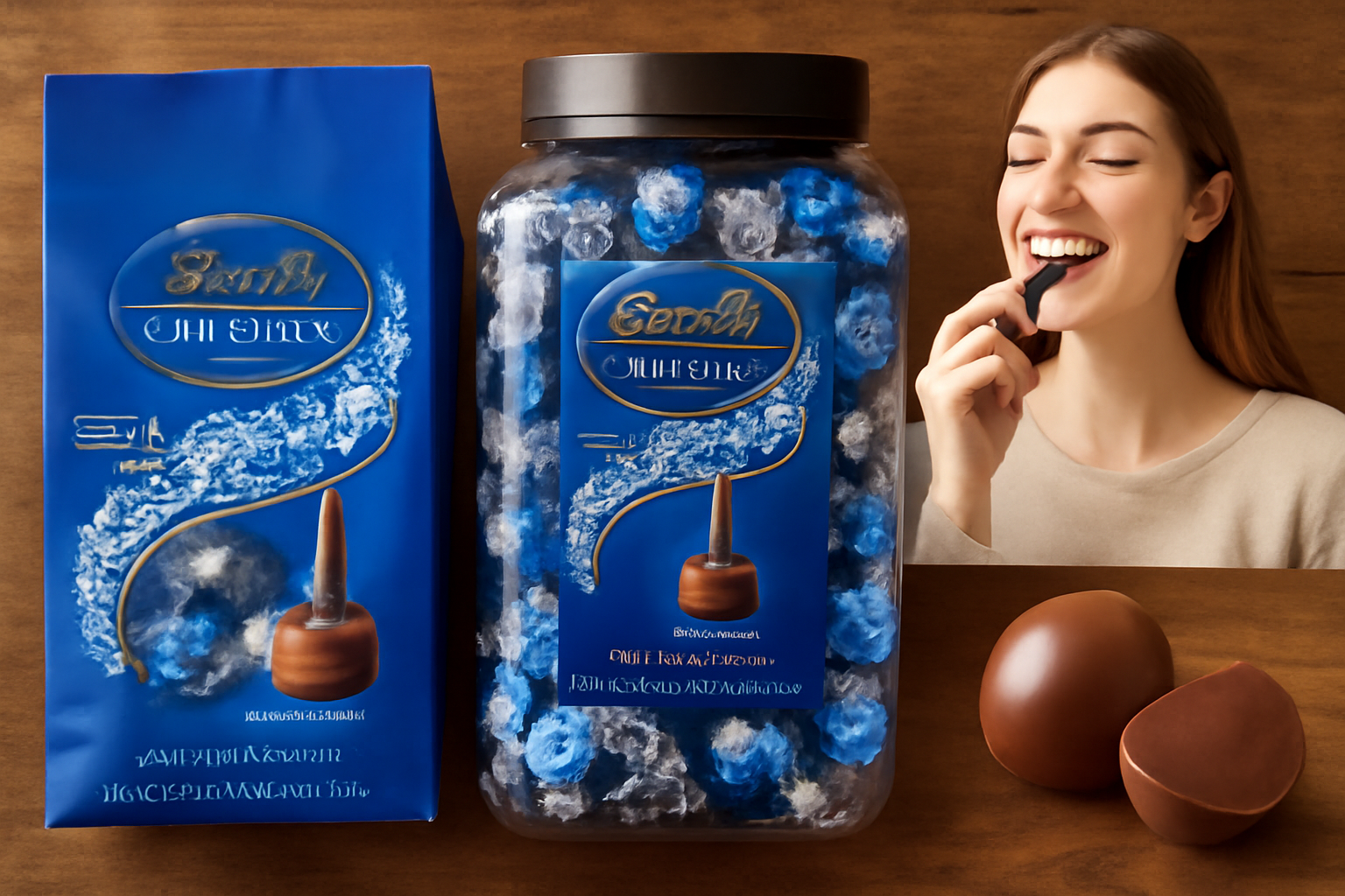 コストコのリンツリンドールミルクチョコレートトリュフが、木製のテーブルに並べられ、ラベルが付いた青いパッケージと透明な容器に収められた商品が一緒に展示されている。女性がリンドールトリュフを楽しんでいるシーンも含まれ、チョコレートの高級感と魅力が際立つ画像。
