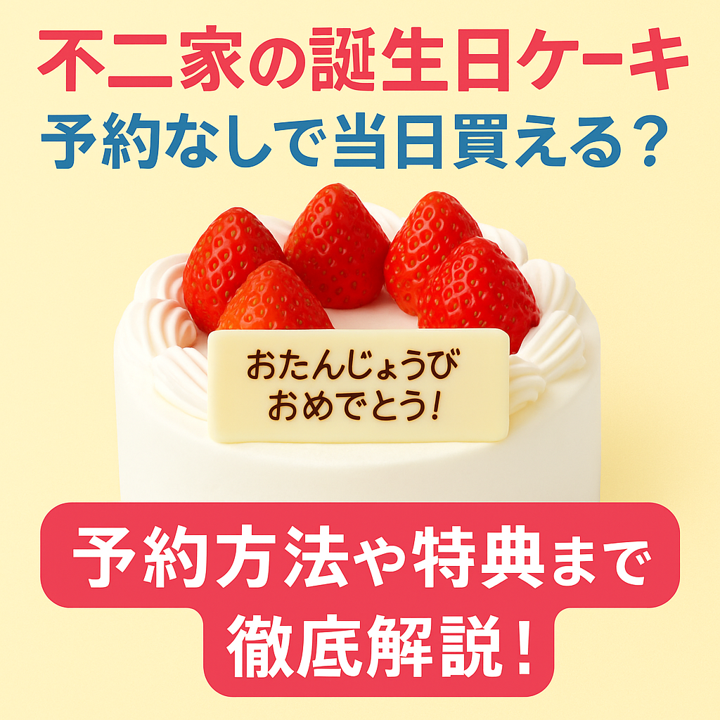 不二家の誕生日ケーキは予約なしで当日購入できるのかを解説する情報画像。いちごのショートケーキに「おたんじょうびおめでとう」のプレートが添えられ、予約方法や特典を紹介する文字がデザインされている。