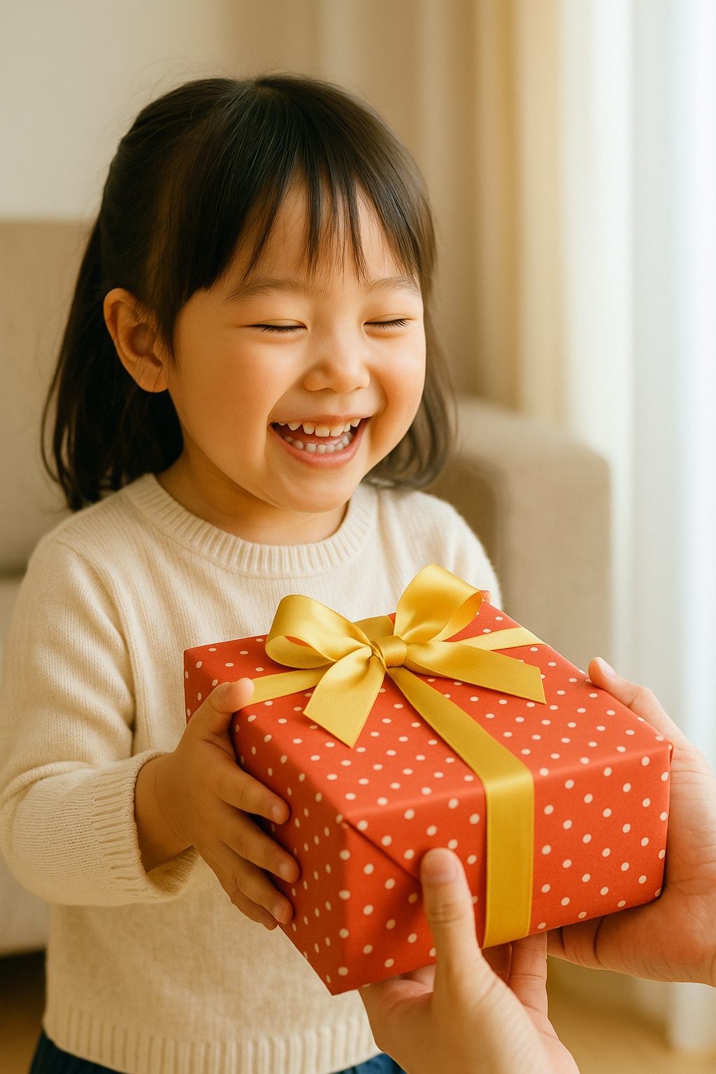 誕生日プレゼントを受け取って笑顔を見せる5歳の日本人女の子。赤い水玉模様のラッピングと黄色のリボンが特徴的なギフトを手に持ち、喜びの表情を浮かべている。