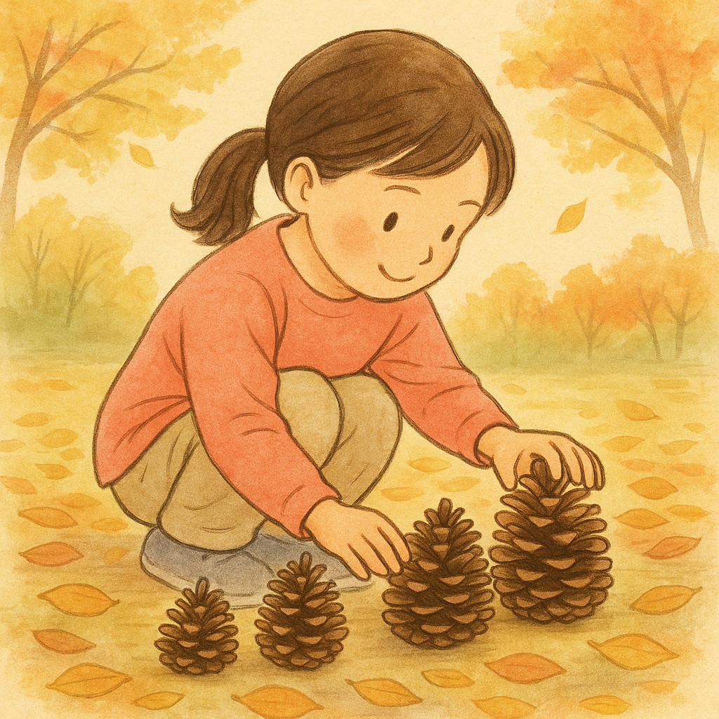 秋の落ち葉の中で、大王松の松ぼっくりを大きさ順に並べて楽しむ女の子のイラスト。松ぼっくり拾い体験を通して自然にふれあう親子レジャーの一場面。