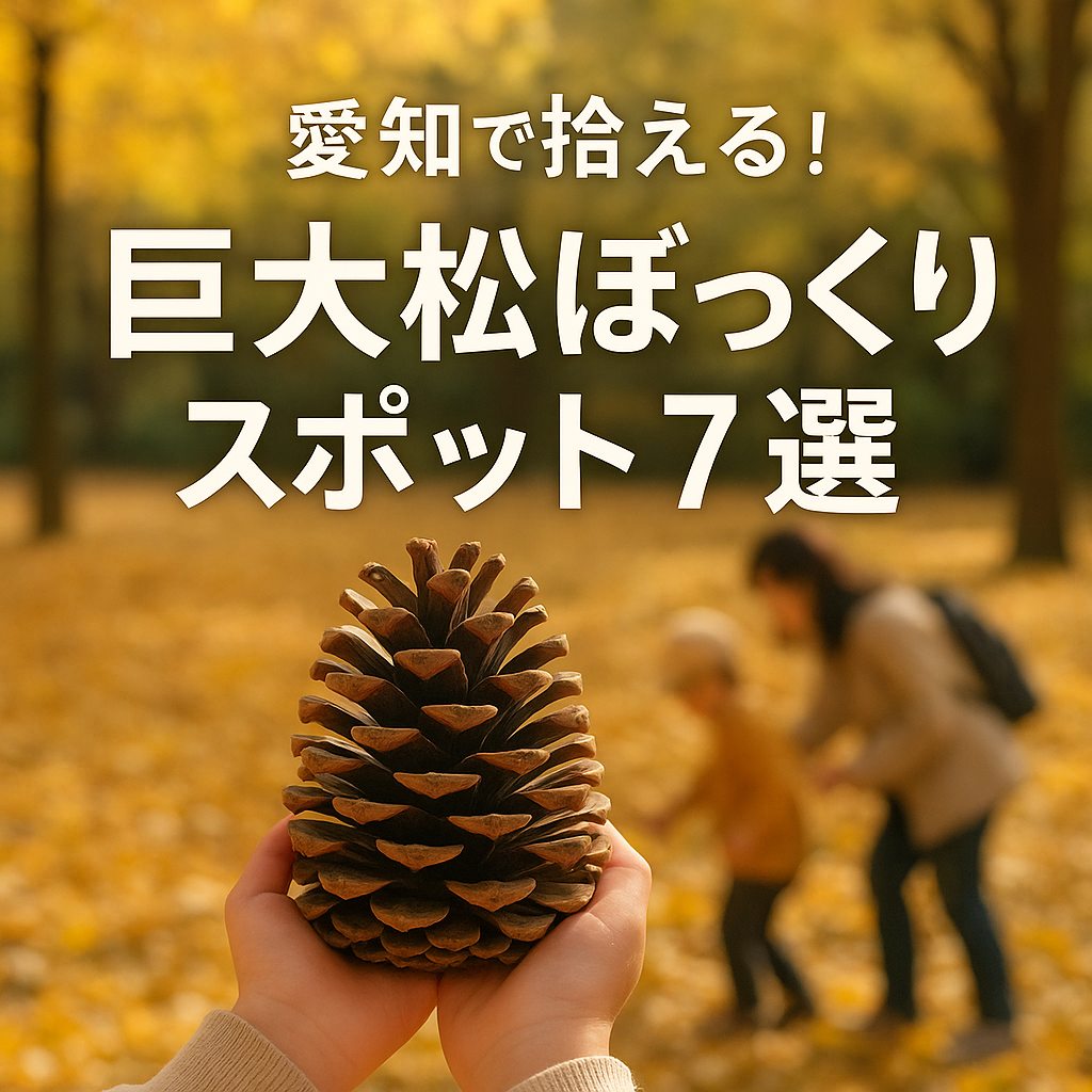 愛知県の秋の森で大王松の巨大松ぼっくりを手に持つ子どもの様子。背景には黄色く色づいた落ち葉の中、親子で松ぼっくりを拾う姿が見える自然体験風景。『愛知で拾える！巨大松ぼっくりスポット7選』の文字入り。