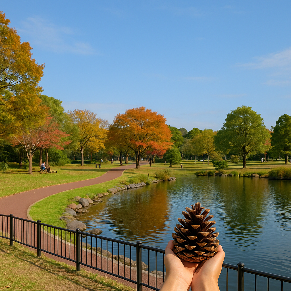 愛知県の名城公園をイメージした秋の公園風景。紅葉に染まった木々と池が広がる中、手前には巨大な大王松の松ぼっくりを手に持った構図。松ぼっくり拾いができる自然体験スポットとして親子連れにも人気。
