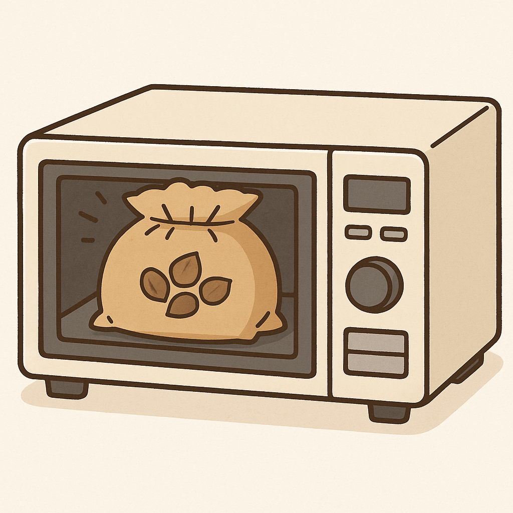 電子レンジの中で加熱されている銀杏入りの茶封筒を描いたイラスト｜茶封筒で安全に銀杏を調理する方法を解説するための図