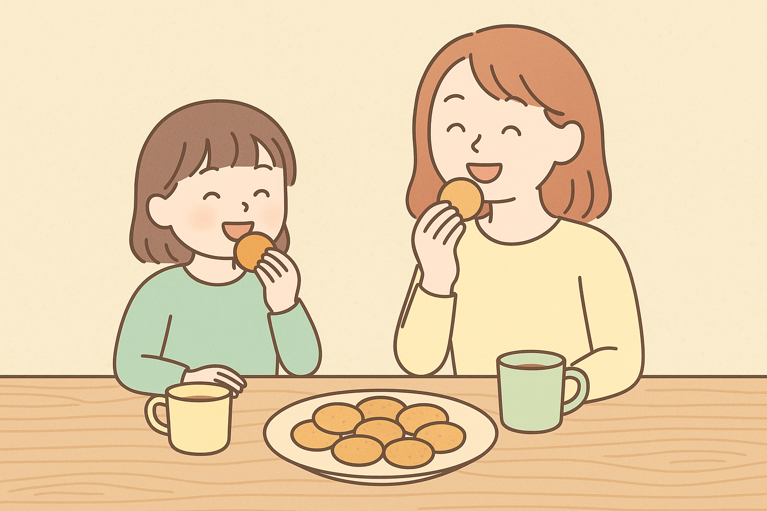 母親と娘が木目調のテーブルでクッキーを笑顔で食べているイラスト。手作りクッキーが皿に並び、温かみのあるパステルカラーで描かれた初心者向けお菓子レシピブログに最適なビジュアル。