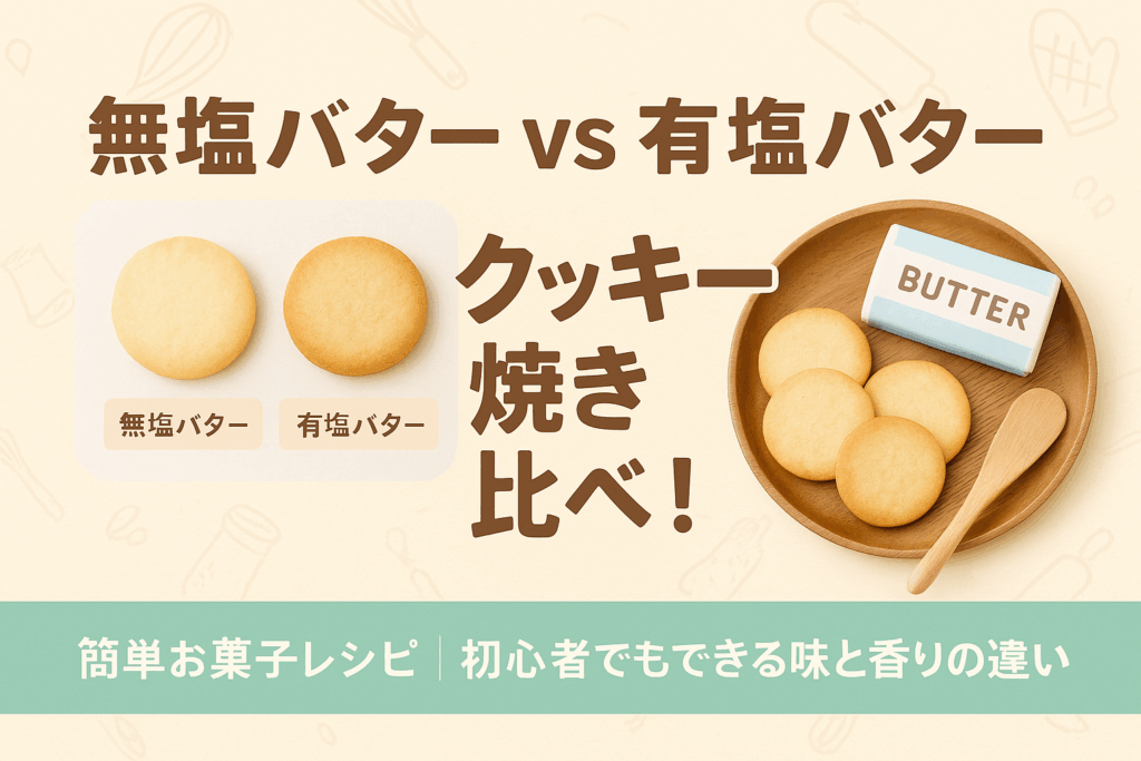 無塩バターと有塩バターの手作りクッキーを比較したイラスト付き画像。味や焼き色の違いがわかる焼き比べ実例。初心者向けお菓子レシピブログのアイキャッチ画像に最適