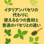 イタリアンパセリの代わりに使える6つの食材と普通のパセリとの違いを紹介する記事のアイキャッチ画像。ミツバ、チャービル、カーリーパセリ、バジル、セロリの葉、青のりのイラストが配置され、料理の彩りや香りをイメージさせるデザイン。