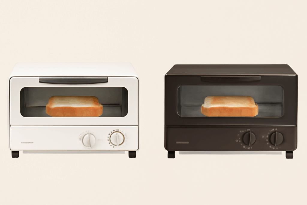 象印トースターEQ-SB22-BW（ホワイト）とEQ-AH22-BZ（ブラウン）を並べて比較した画像。両機種とも庫内にトーストが1枚入っており、外観デザインや焼き加減の違いがわかる構成。