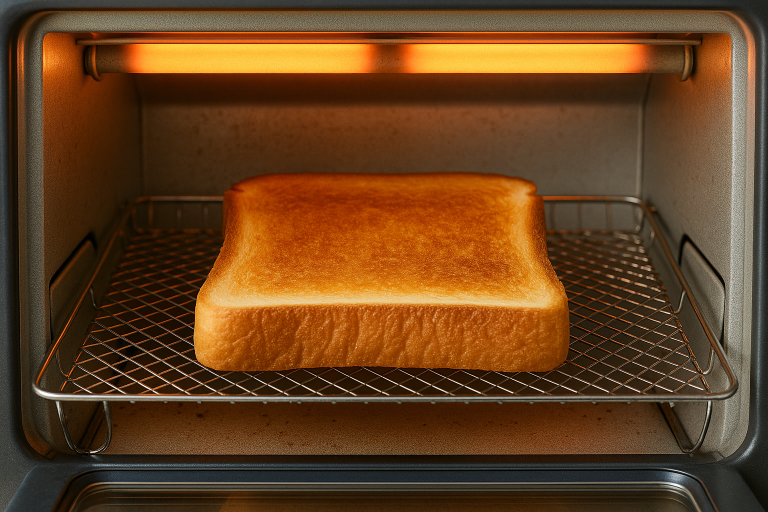 トースター使用中の内部を撮影した画像。焼き網の上には食パンが置かれ、上部の遠赤外線ヒーターが赤く発光しながら加熱中。パンの表面にはこんがりとした焼き色が付き始めており、焼き上がり直前の様子がわかる。