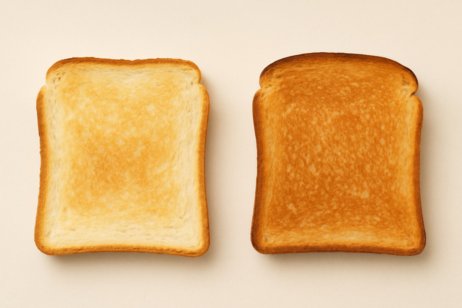 象印トースターで焼いた食パン2枚の焼き色比較画像。左はEQ‑SB22‑BWによる薄めの焼き色、右はEQ‑AH22‑BZによるしっかりした焼き目。焼き加減の違いが一目でわかる構成。