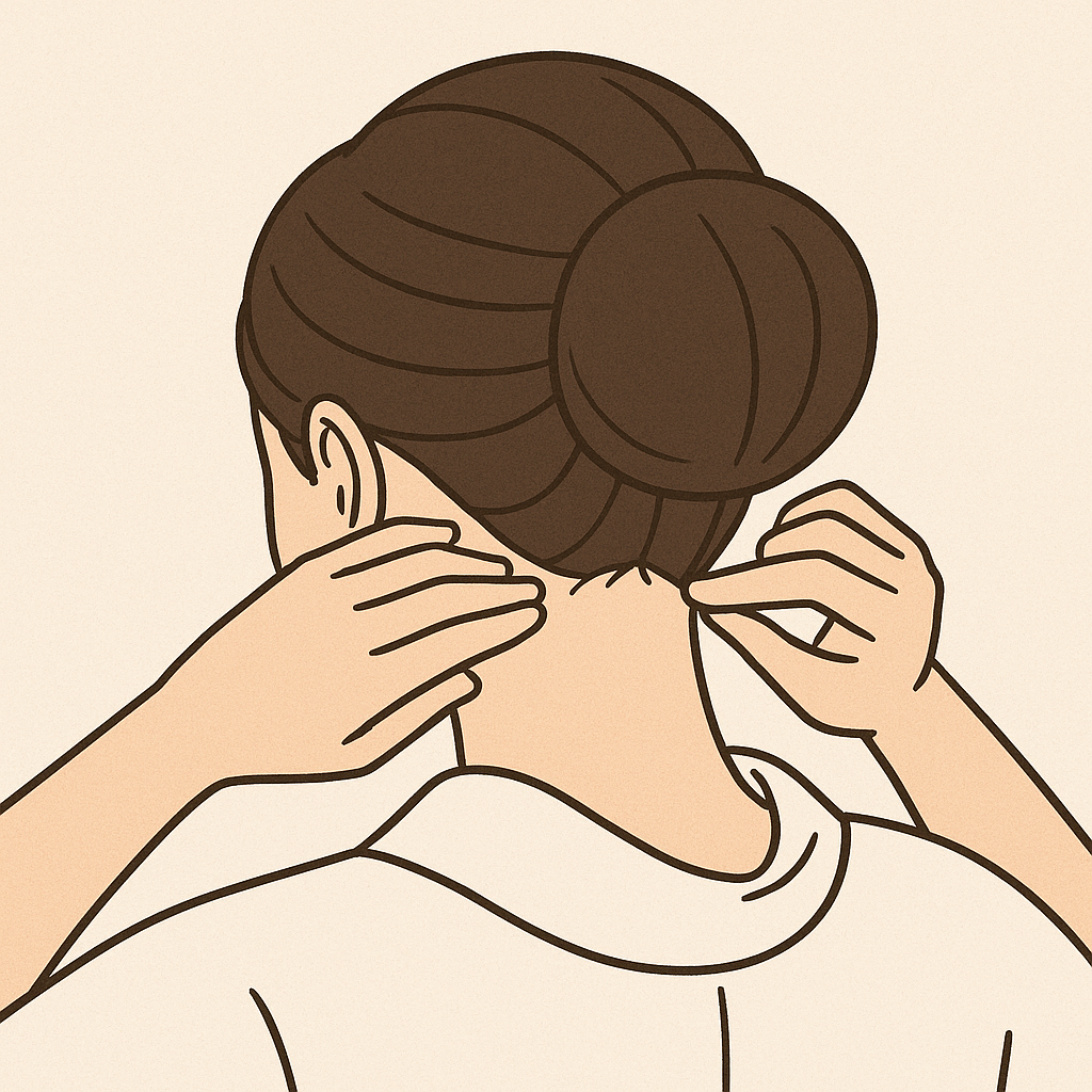 和装ヘアの仕上げとして、女性がうなじのラインを指先で整えている様子を後ろ姿で描いたイラスト。シニヨンのまとめ髪と首元の清潔感がわかり、和装ヘアセットのポイントが視覚的に理解できる画像。