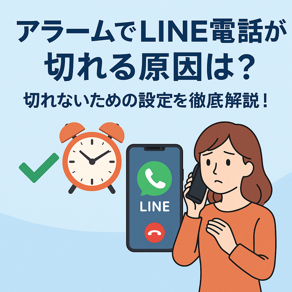 アラームでLINE通話が切れる原因を解説する記事のアイキャッチ画像。LINE通話中のスマホ画面、アラーム時計、心配そうに電話する女性が描かれており、設定見直しで通話が切れないようにできることを表現したイラスト。