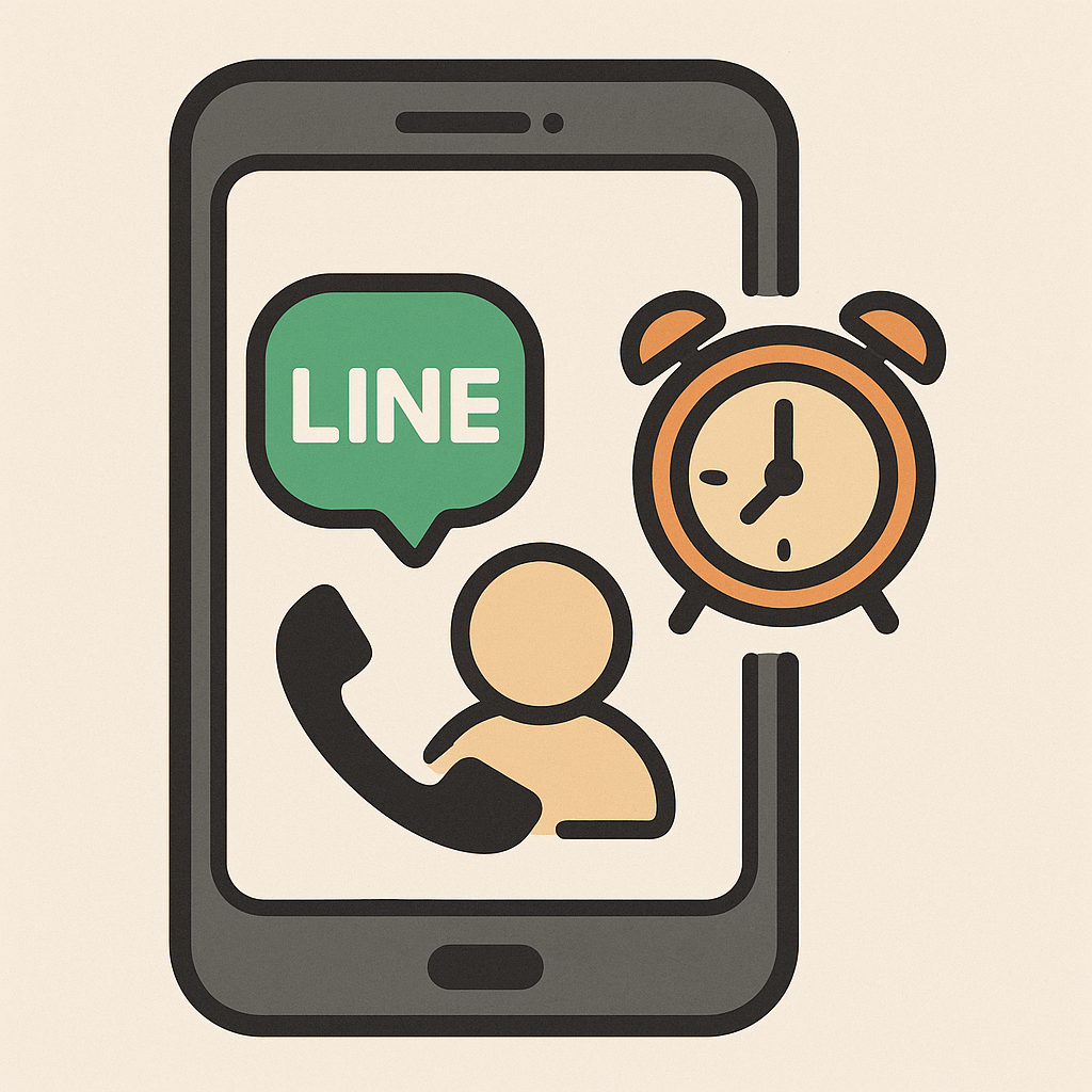 LINE通話中にアラームが鳴る状況を表したイラスト。スマートフォン画面にLINE通話アイコンとユーザーアイコンが表示され、横にアラーム時計のイラストが描かれている。通話中にアラームが割り込む場合の説明用視覚イメージ。