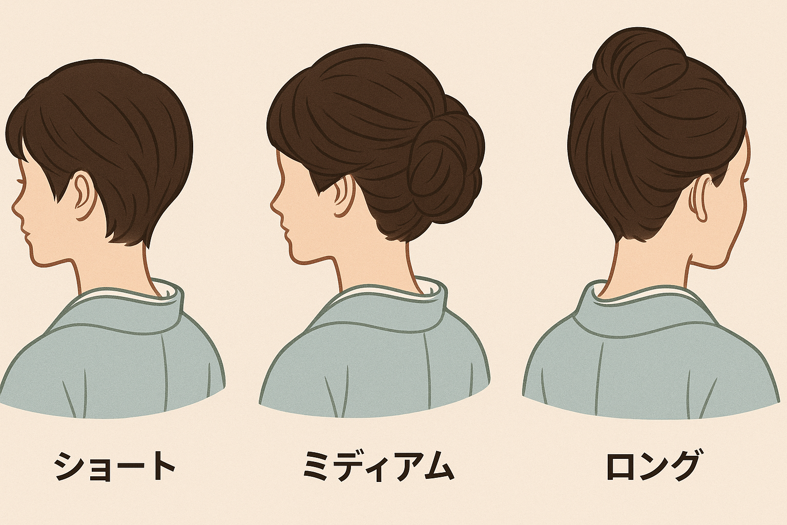 和装ヘアの仕上がり例として、ショート・ミディアム・ロングの3種類のまとめ髪を横向きの後ろ姿で比較したイラスト。髪の長さごとの和装向けヘアセットの違いがひと目で分かる画像。