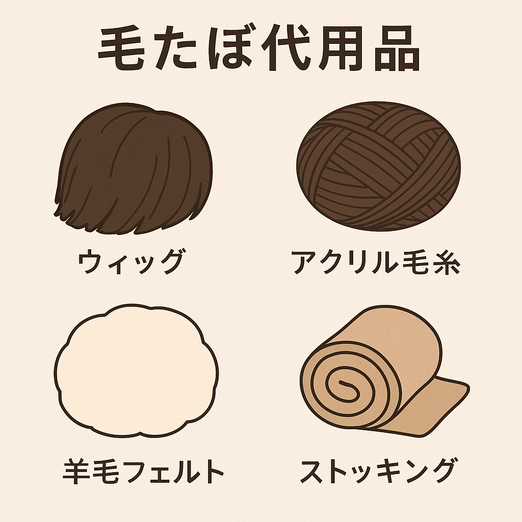 毛たぼがない時に使える代用品を紹介したイラスト。ウィッグ、アクリル毛糸、羊毛フェルト、ストッキングの4種類が並んで描かれ、和装ヘアセットの土台づくりに使える素材がひと目で分かる図。