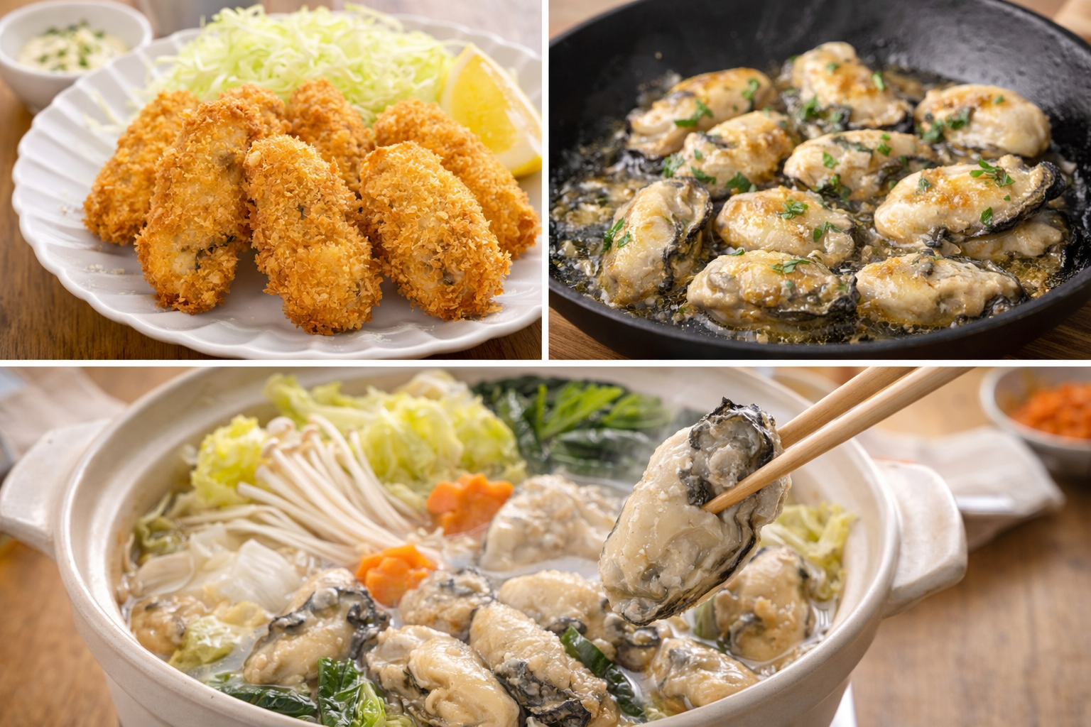 冷凍牡蠣を使った調理例｜牡蠣フライ・牡蠣バター炒め・牡蠣鍋を家庭で作った様子
