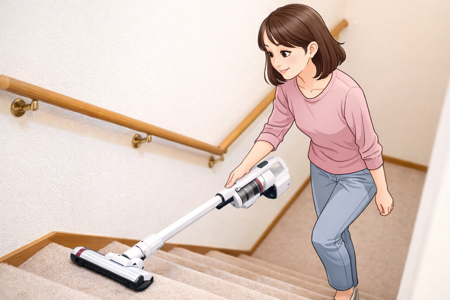 日本人女性が軽量コードレス掃除機を使って階段を丁寧に掃除している様子。片手で扱える軽さが伝わり、家庭の階段掃除でも使いやすいことをイメージできる画像。