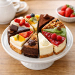 カットケーキを円形に並べてホールケーキ風にした盛り付け例。ケーキスタンドの上に複数のカットケーキを上から見た構図