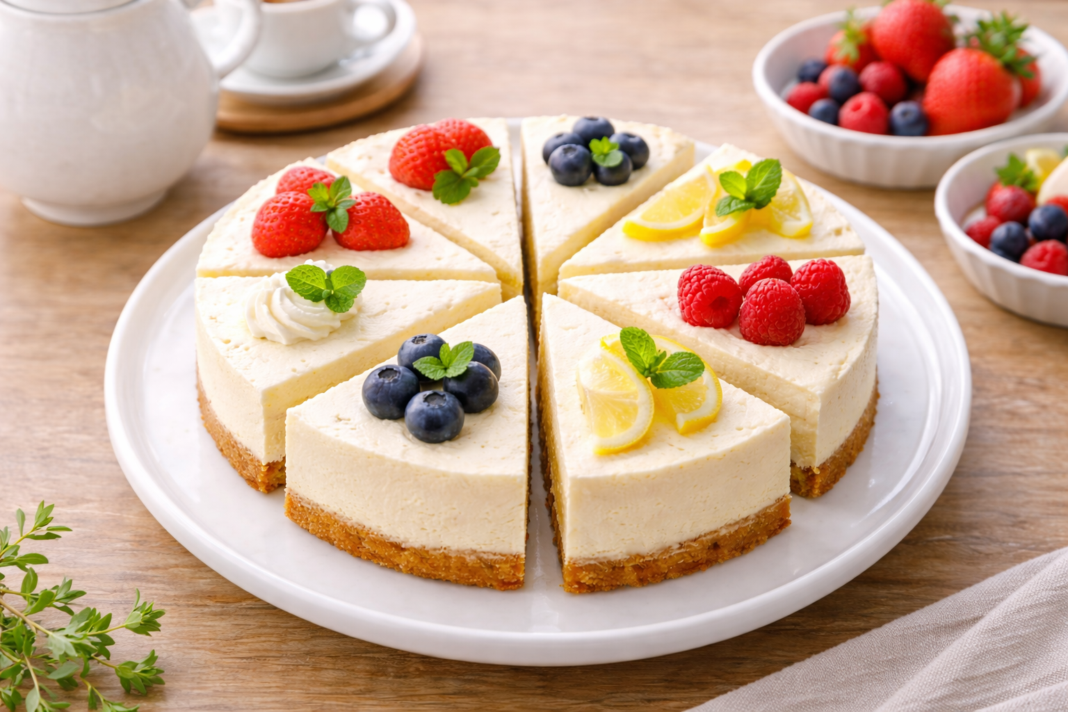 チーズケーキをカットして円形に並べた盛り付け例。大皿の上に複数のカットケーキを斜め上から撮影した写真