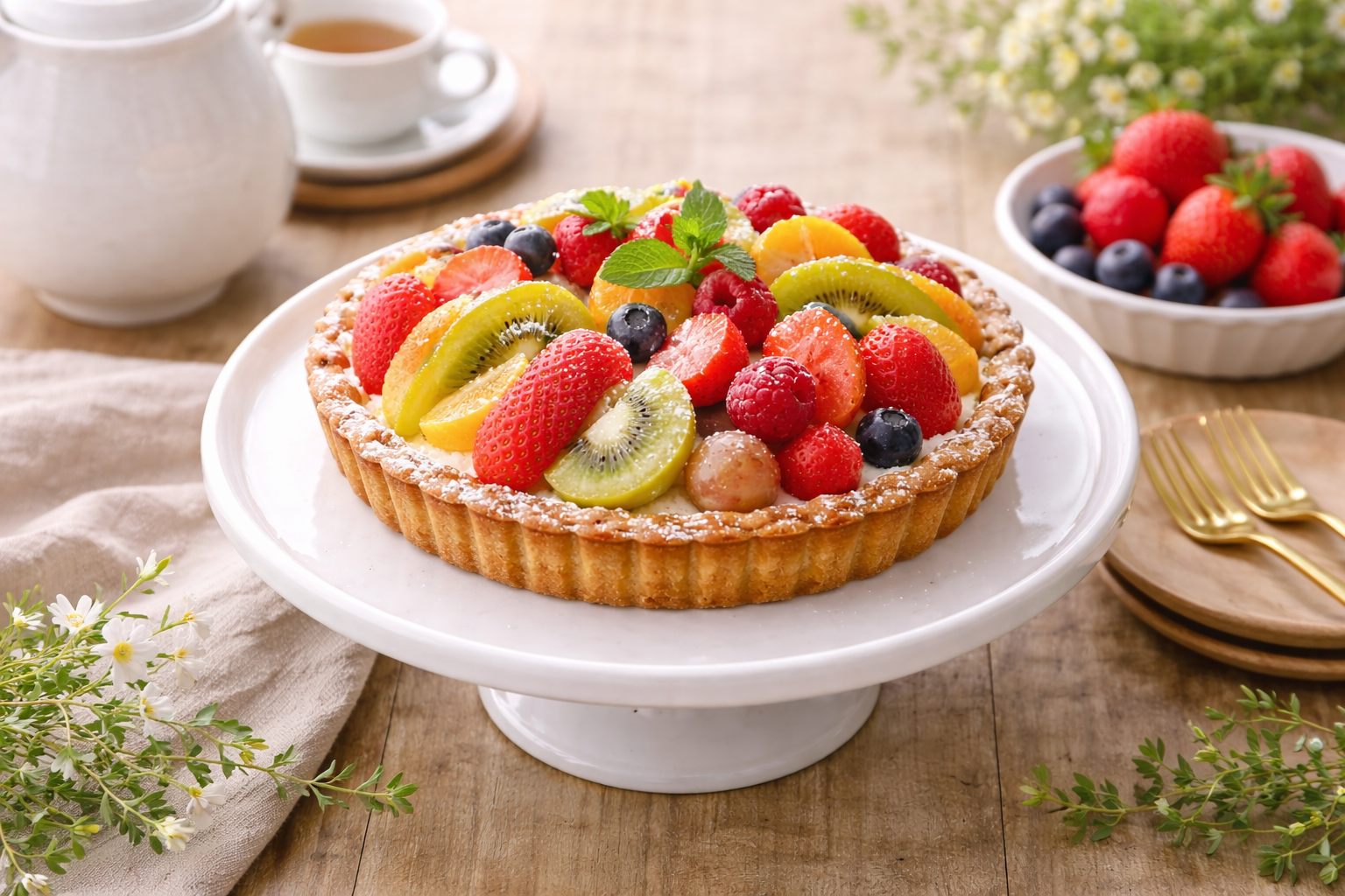 フルーツタルトをケーキスタンドにのせたナチュラルなテーブル風景。木製テーブルの上でやさしい雰囲気に盛り付けられたケーキ写真